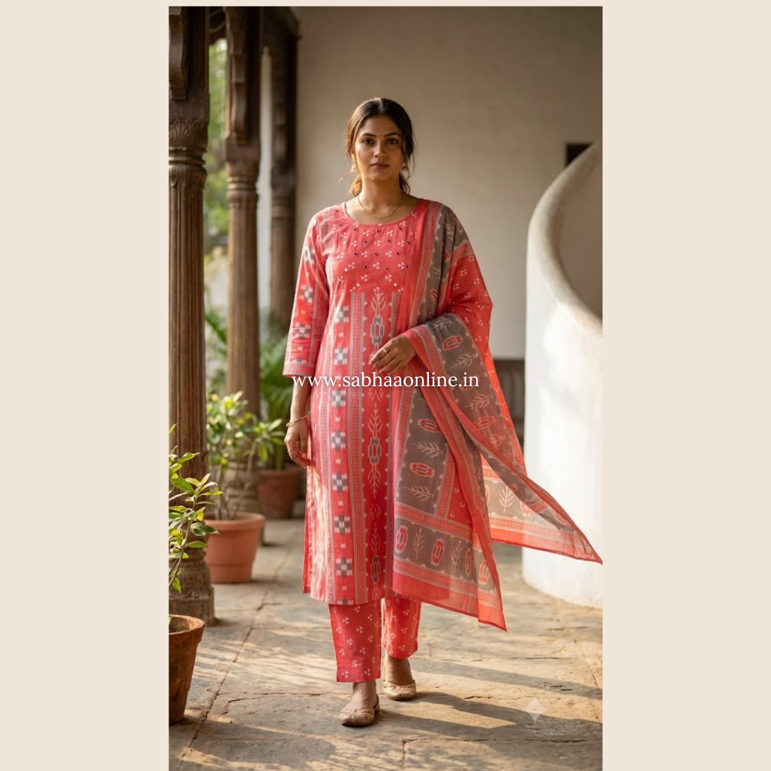 Samara - Salmon Pink and grey ikkat cotton kurti 3pc set with lining - LN 58