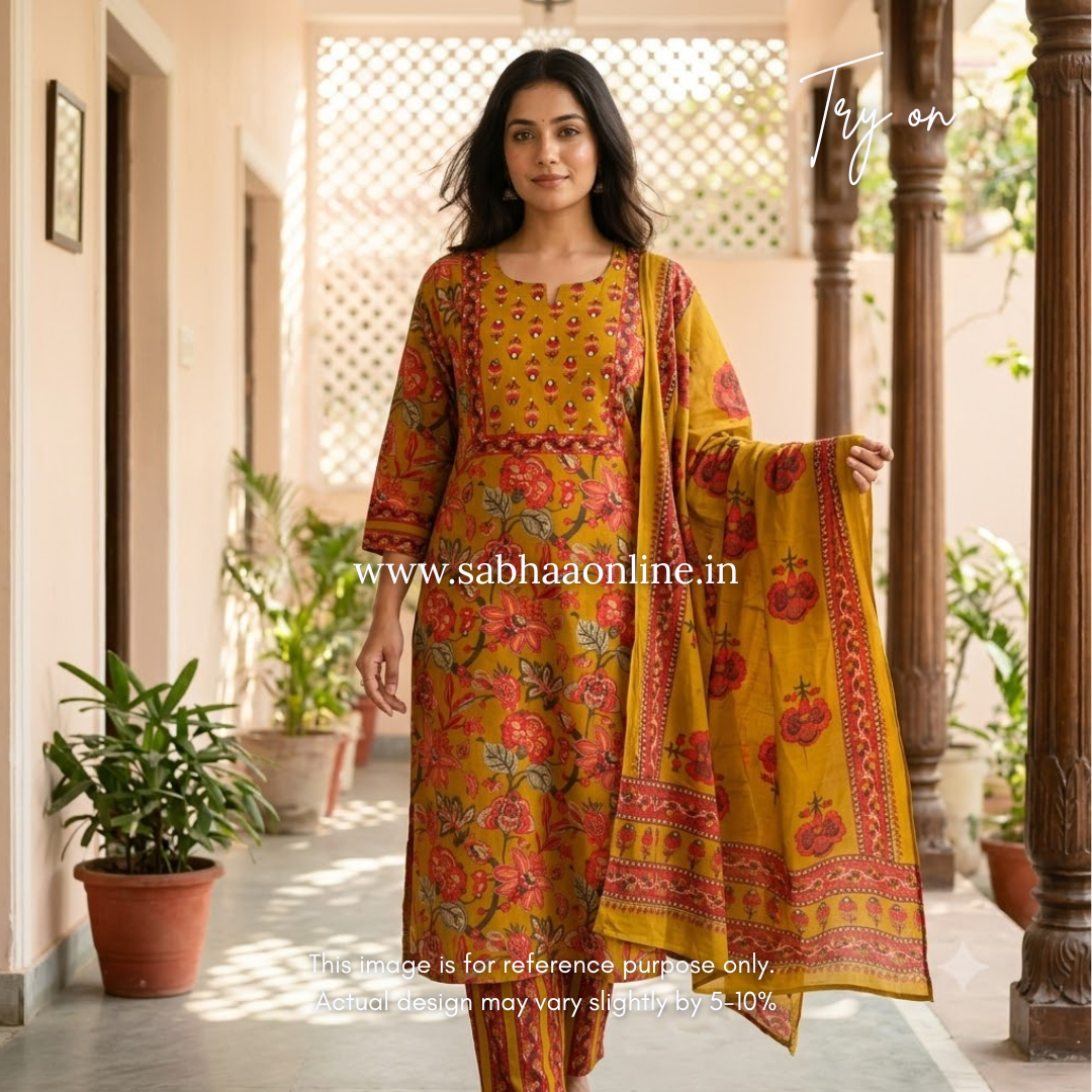 Fareeha - Mustard yellow floral Cotton kurti 3pc set - LN 61