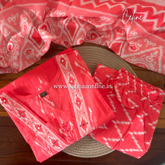 Celine - Coral Pink Ikkat Cotton kurti 3pc set - LN 61