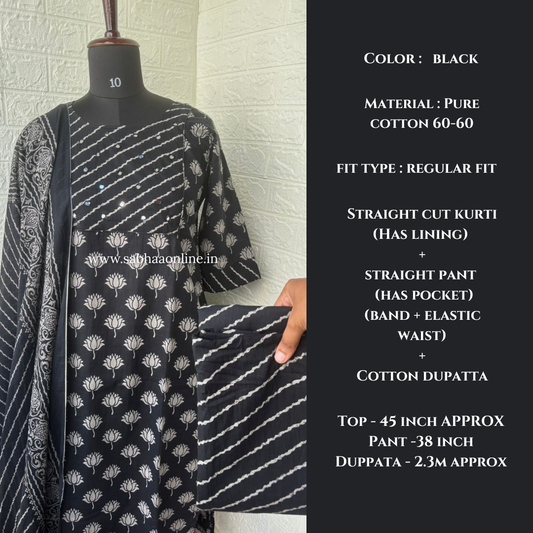 Padmavati - Black Lotus Cotton kurti 3pc set with lining - LN 58