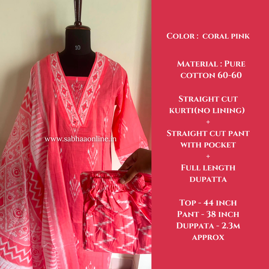 Celine - Coral Pink Ikkat Cotton kurti 3pc set - LN 61
