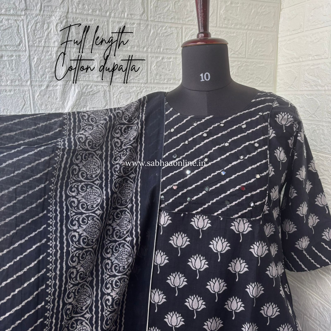 Padmavati - Black Lotus Cotton kurti 3pc set with lining - LN 58