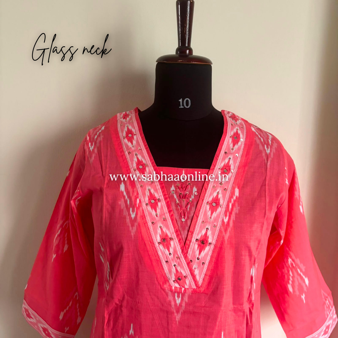 Celine - Coral Pink Ikkat Cotton kurti 3pc set - LN 61