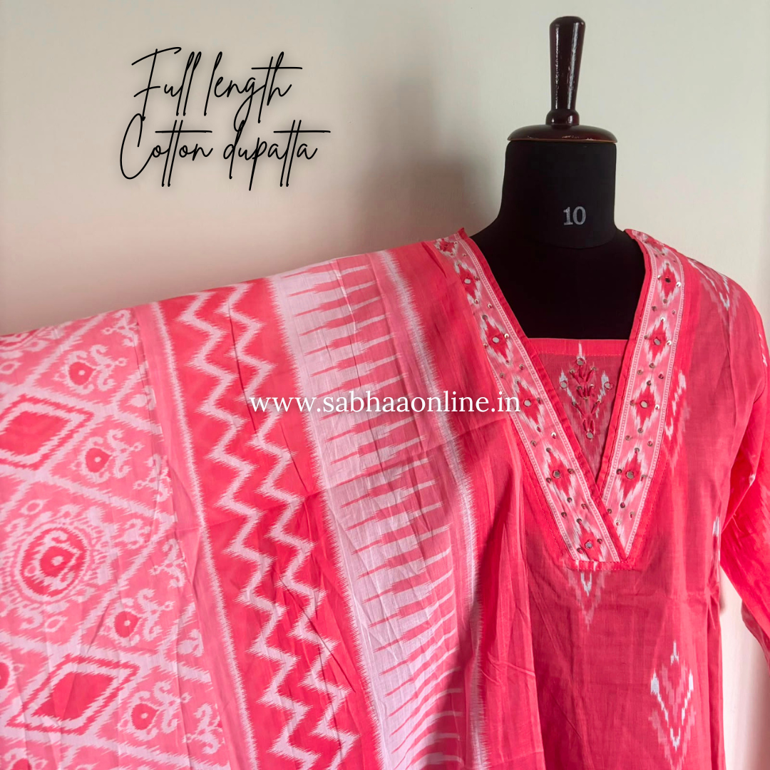 Celine - Coral Pink Ikkat Cotton kurti 3pc set - LN 61