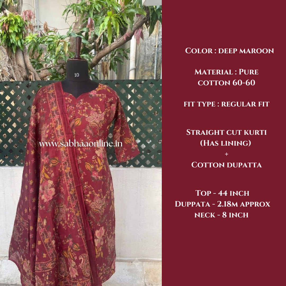 Shathika - Maroon Cotton Kurti  with lining and dupatta (No pant included)(Size 2XL 44) - LN 70