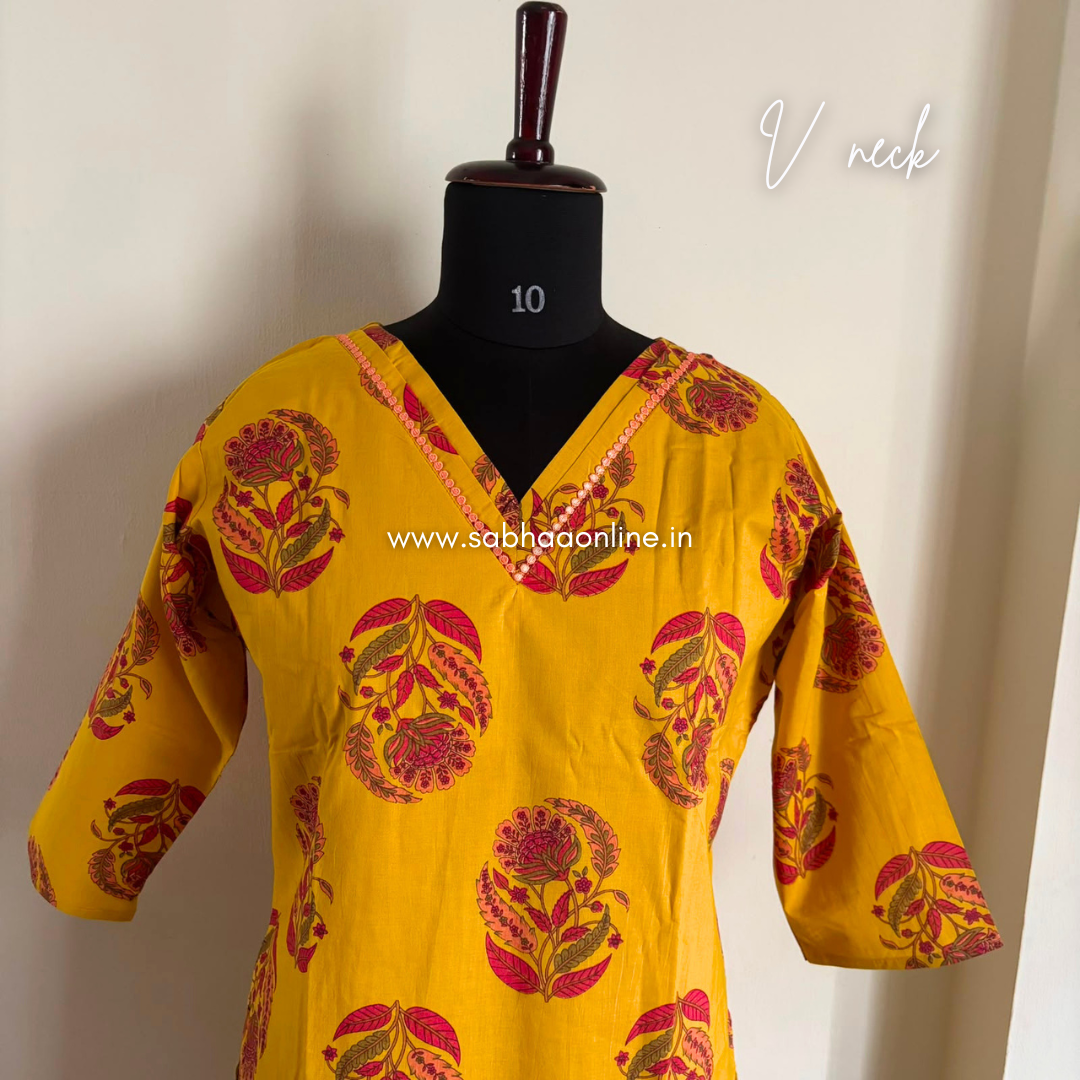 Amal - Mustard/Mango Yellow Cotton kurti 3px set with lining - LN 66