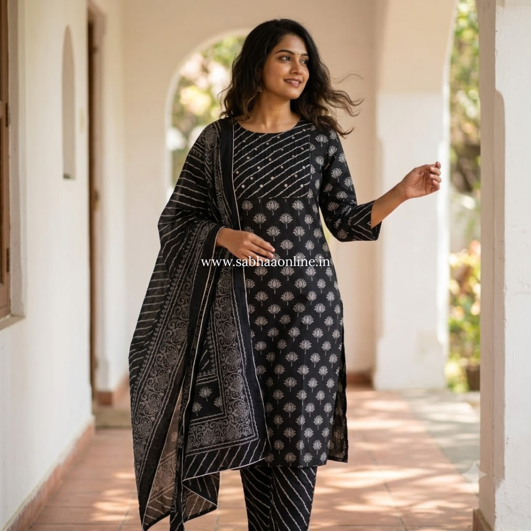 Padmavati - Black Lotus Cotton kurti 3pc set with lining - LN 58