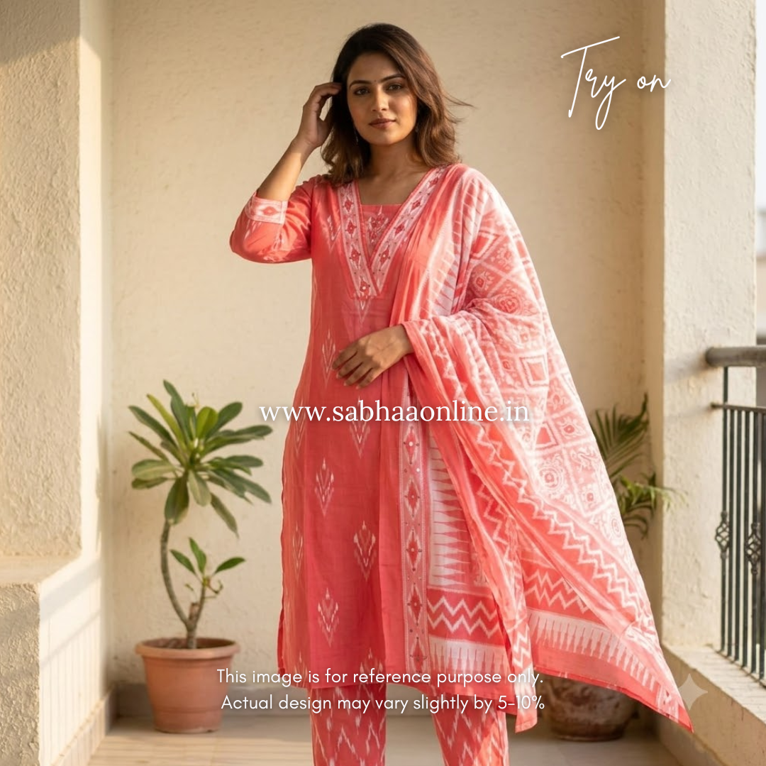 Celine - Coral Pink Ikkat Cotton kurti 3pc set - LN 61