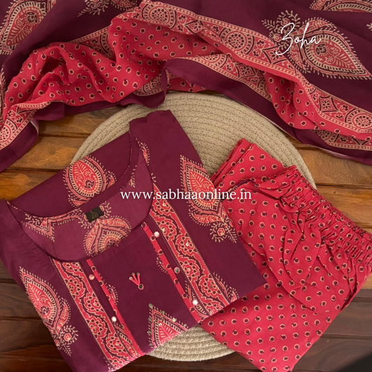 Zoha - Plum purple and pink cotton kurti 3pc set - LN 61