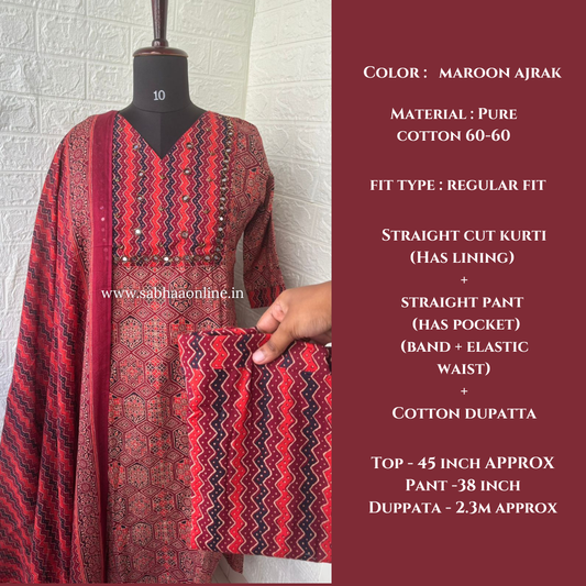 Ridhi - Maroon Ajrakh Cotton kurti 3pc set with lining - LN 58