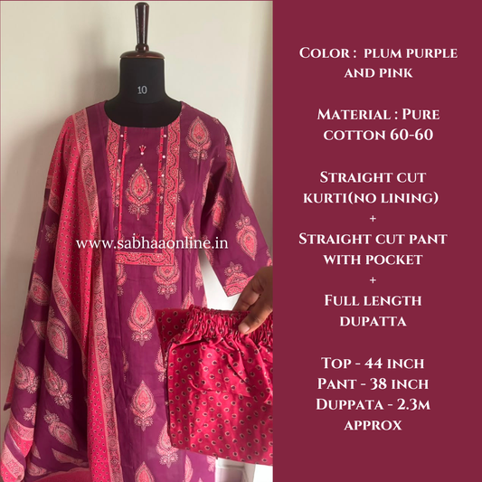 Zoha - Plum purple and pink cotton kurti 3pc set - LN 61