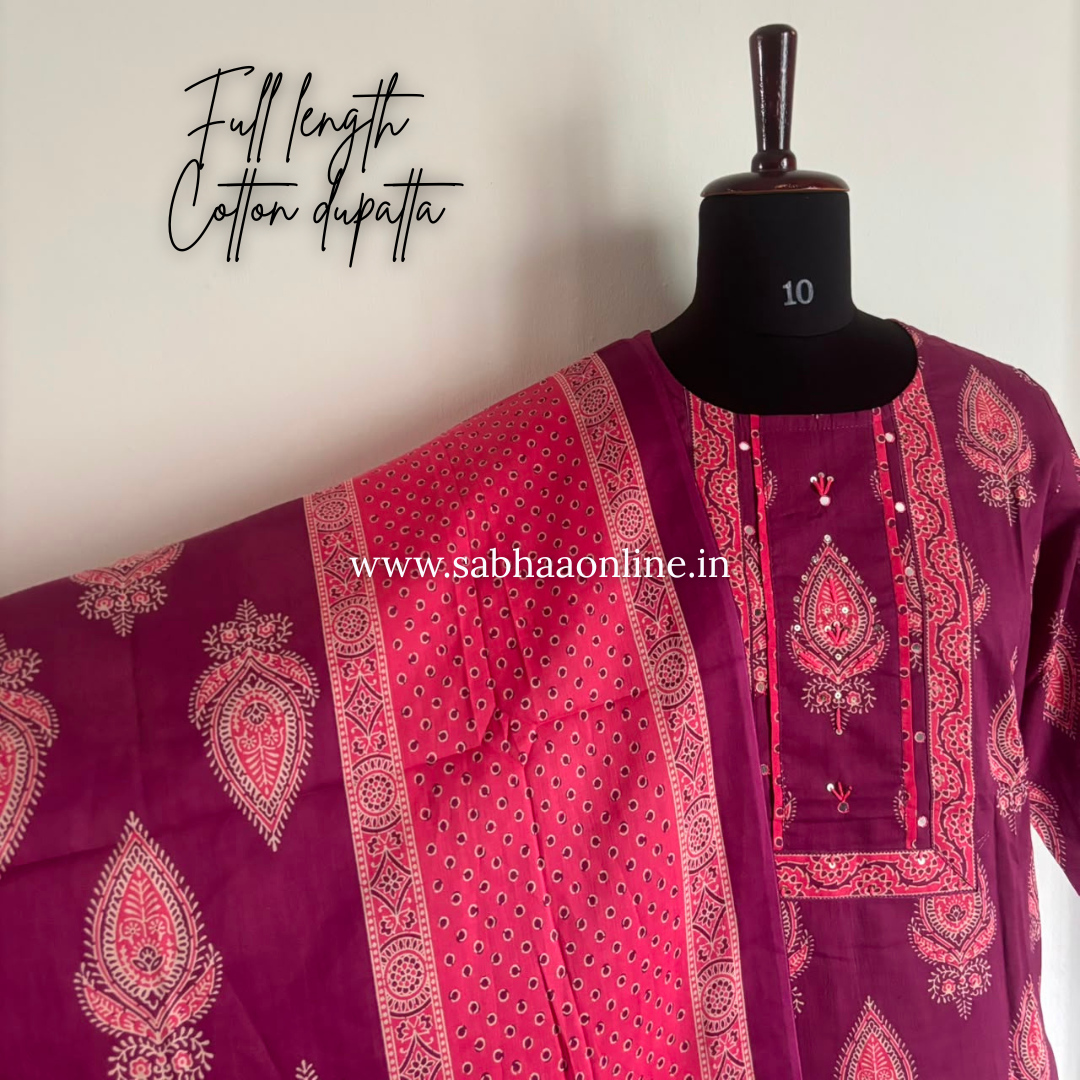 Zoha - Plum purple and pink cotton kurti 3pc set - LN 61