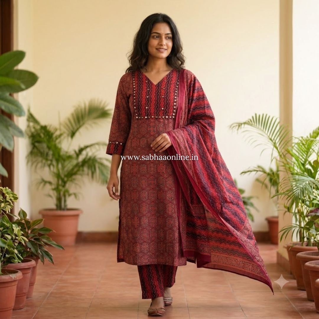 Ridhi - Maroon Ajrakh Cotton kurti 3pc set with lining - LN 58