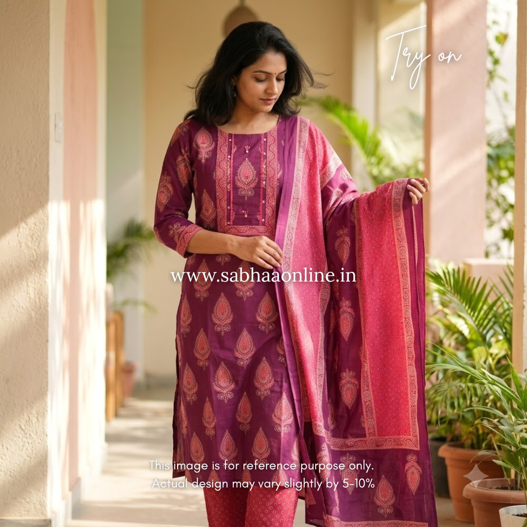 Zoha - Plum purple and pink cotton kurti 3pc set - LN 61