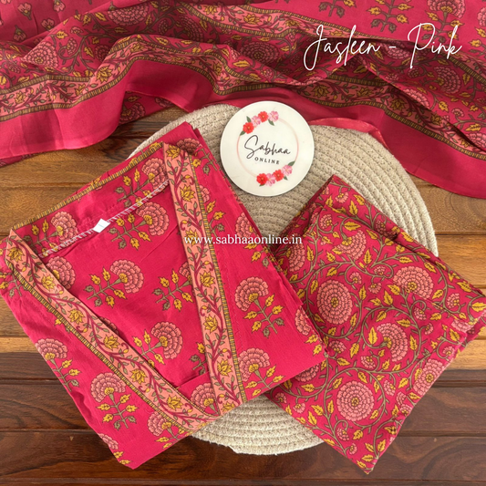 Jasleen - Rani Pink Cotton Anarkali kurti 3pc set with lining - LN 59