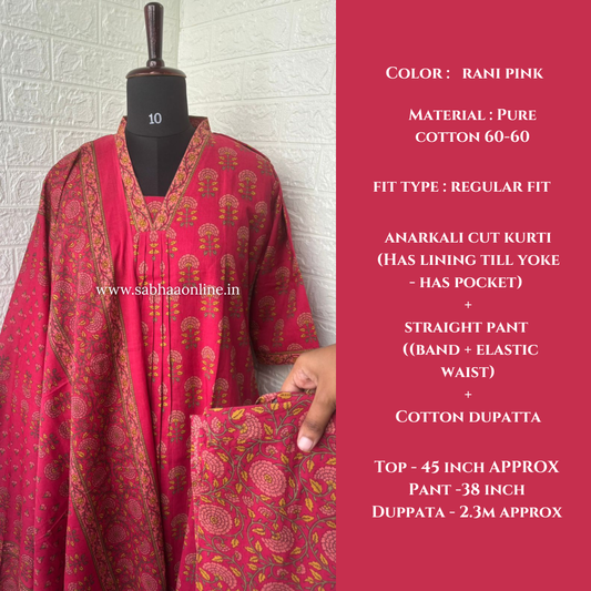 Jasleen - Rani Pink Cotton Anarkali kurti 3pc set with lining - LN 59