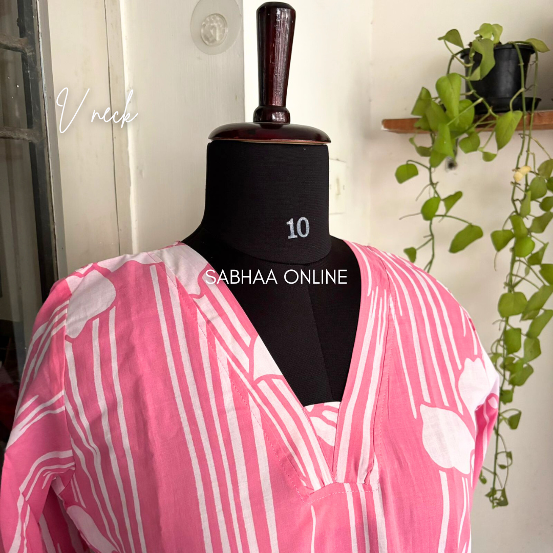 Rhea - Pink and white Cotton kurti 3pc set with lining - LN 11