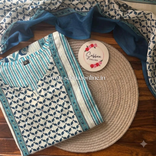 Iniya - Off white(peachy white) and Teal blue Cotton kurti +dupatta set (no lining)- No pant included