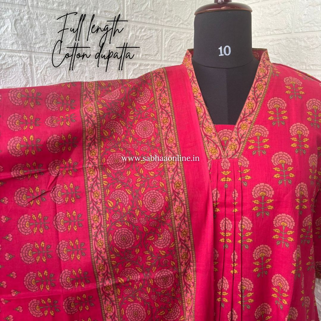 Jasleen - Rani Pink Cotton Anarkali kurti 3pc set with lining - LN 59