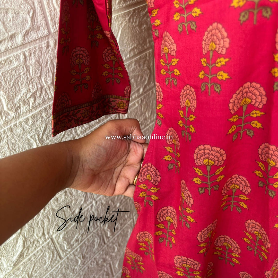 Jasleen - Rani Pink Cotton Anarkali kurti 3pc set with lining - LN 59