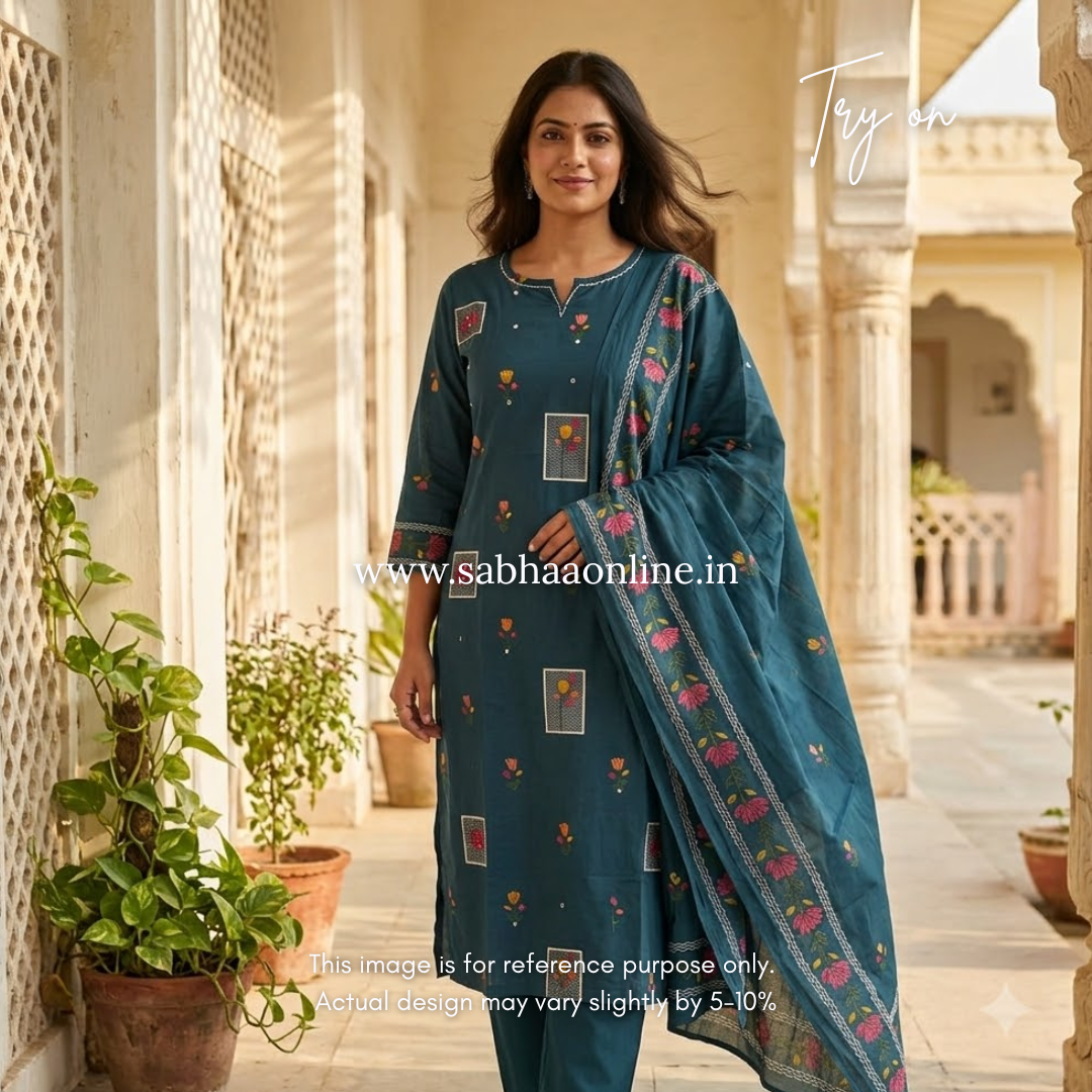 Rida - Deep teal blue cotton kurti 3pc set - LN 61