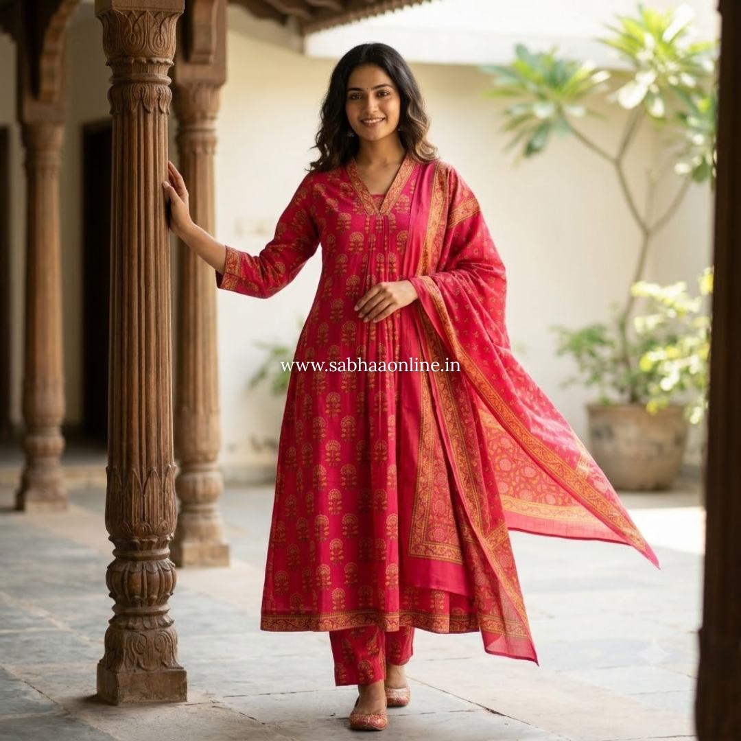 Jasleen - Rani Pink Cotton Anarkali kurti 3pc set with lining - LN 59