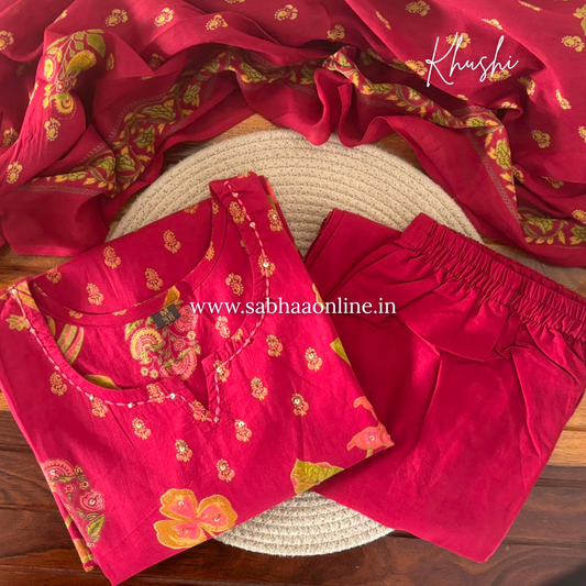 Khushi - Crimson Pink Cotton kurti 3pc set - LN 61