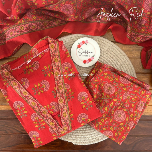 Jasleen - Scarlet Red Cotton Anarkali kurti 3pc set with lining - LN 59