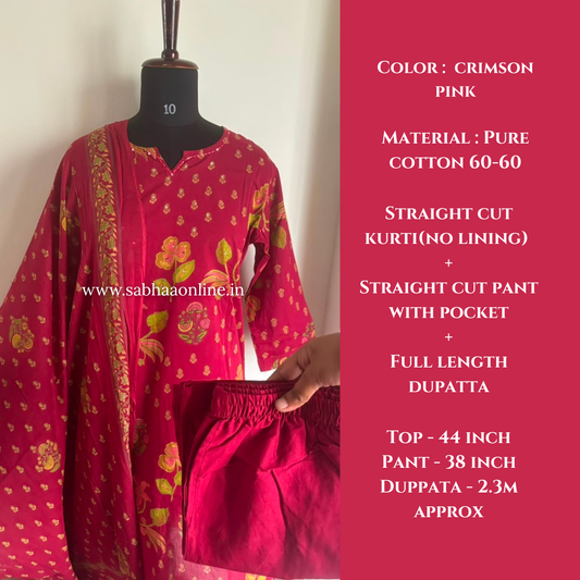Khushi - Crimson Pink Cotton kurti 3pc set - LN 61