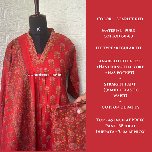 Jasleen - Scarlet Red Cotton Anarkali kurti 3pc set with lining - LN 59