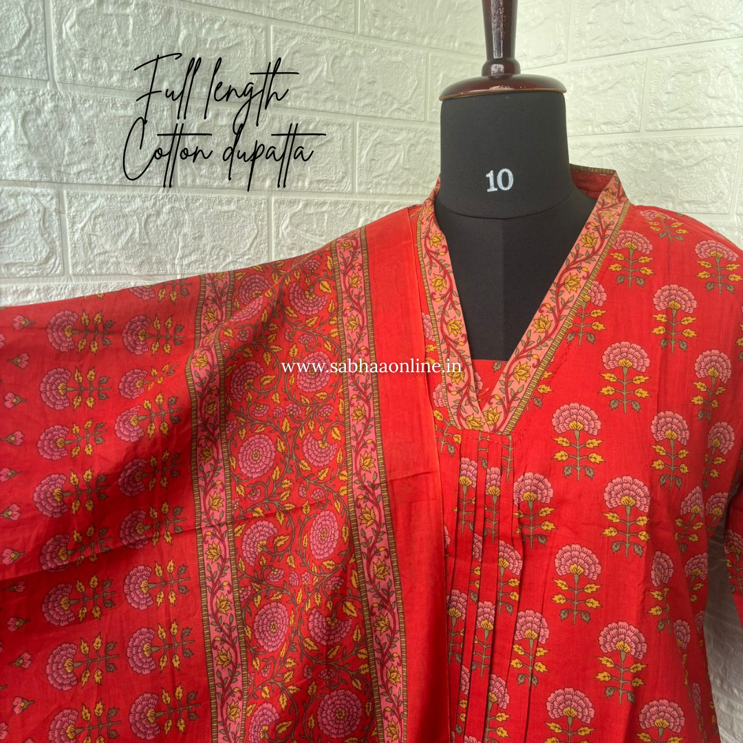 Jasleen - Scarlet Red Cotton Anarkali kurti 3pc set with lining - LN 59