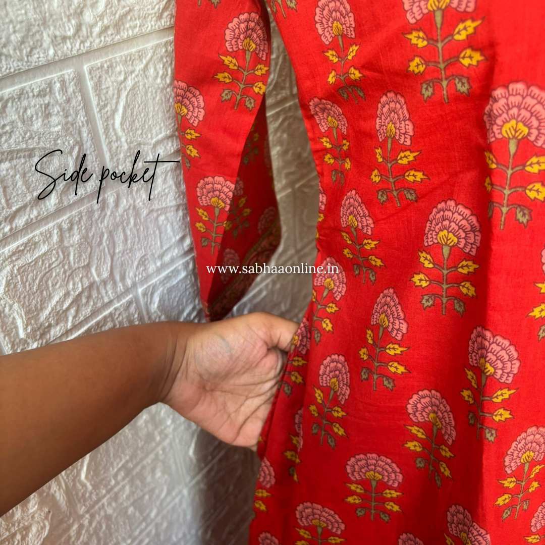 Jasleen - Scarlet Red Cotton Anarkali kurti 3pc set with lining - LN 59