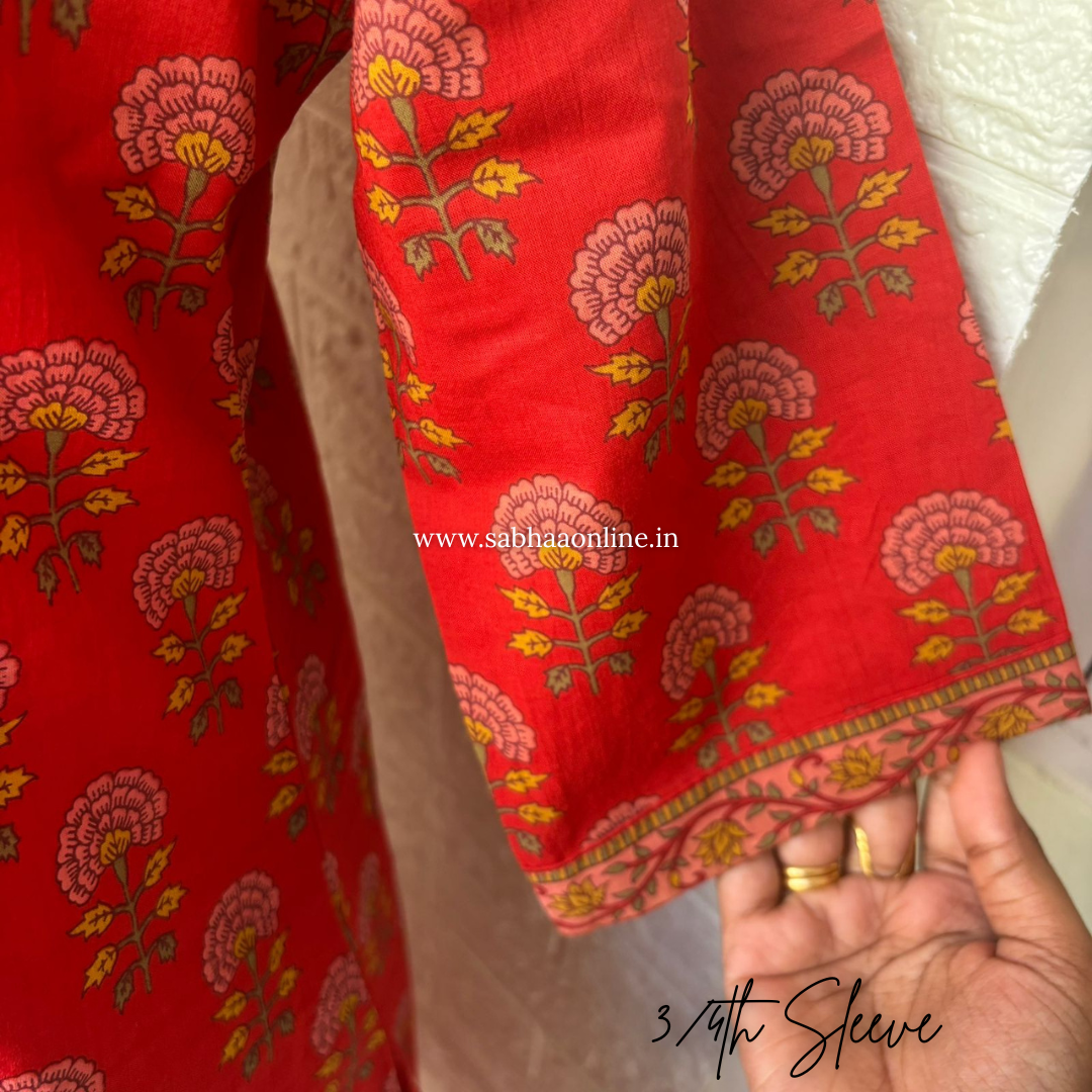 Jasleen - Scarlet Red Cotton Anarkali kurti 3pc set with lining - LN 59