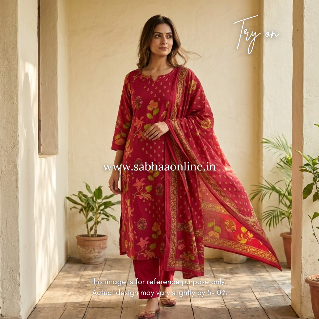 Khushi - Crimson Pink Cotton kurti 3pc set - LN 61
