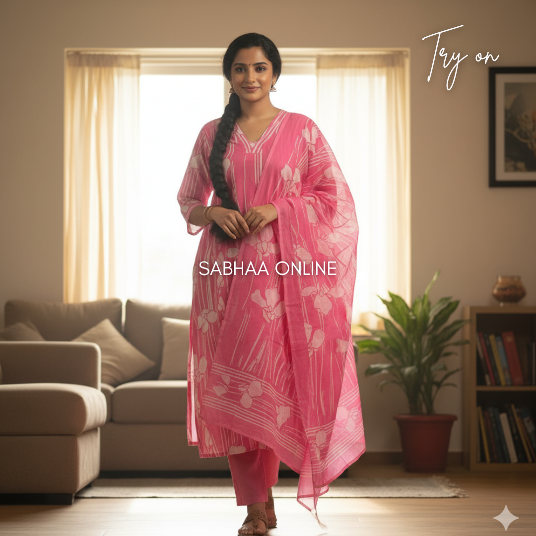 Rhea - Pink and white Cotton kurti 3pc set with lining - LN 11