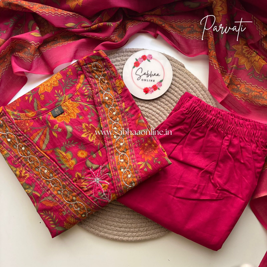 Parvati - Rani Pink Cotton Kurti 3pc set - LN 23
