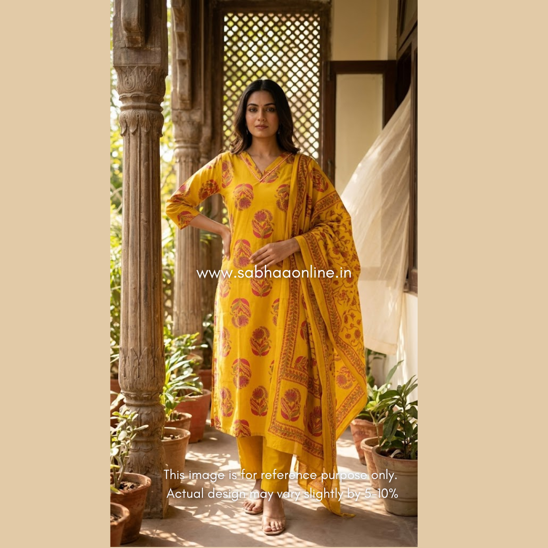 Amal - Mustard/Mango Yellow Cotton kurti 3px set with lining - LN 66