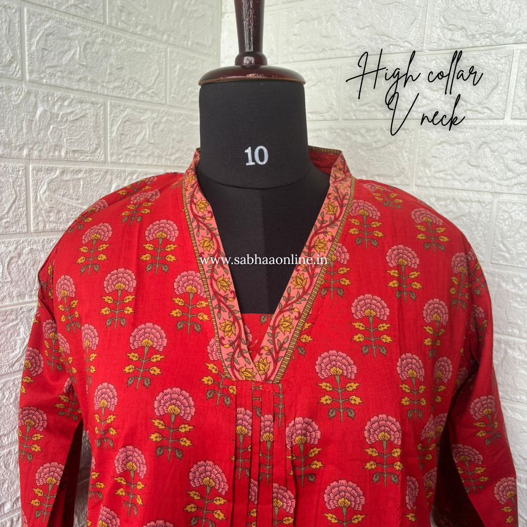 Jasleen - Scarlet Red Cotton Anarkali kurti 3pc set with lining - LN 59