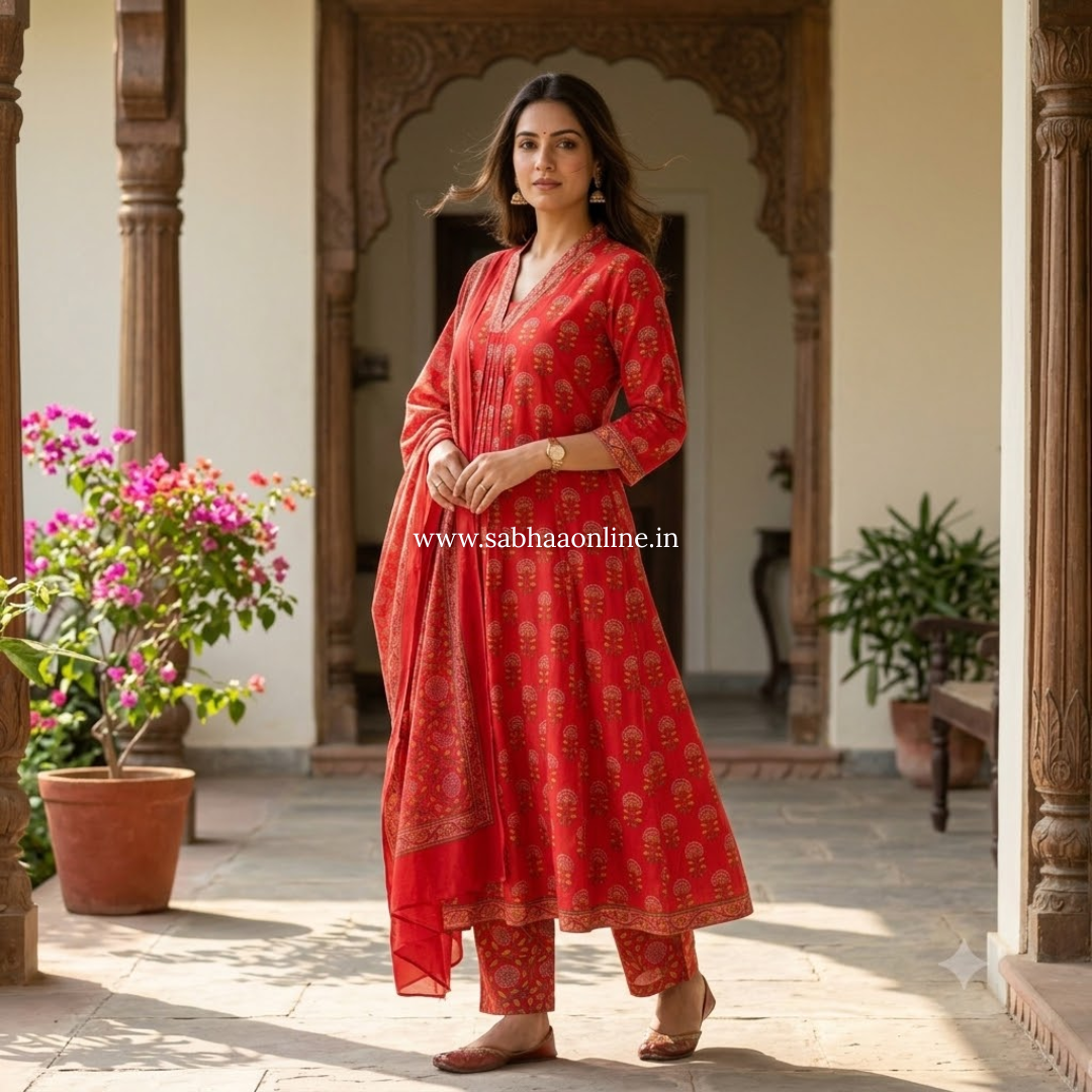 Jasleen - Scarlet Red Cotton Anarkali kurti 3pc set with lining - LN 59