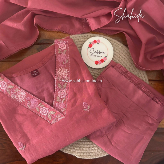 Shahida - Onion Pink Mul Cotton kurti 3pc set with lining - LN 62