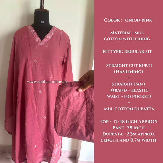 Shahida - Onion Pink Mul Cotton kurti 3pc set with lining - LN 62