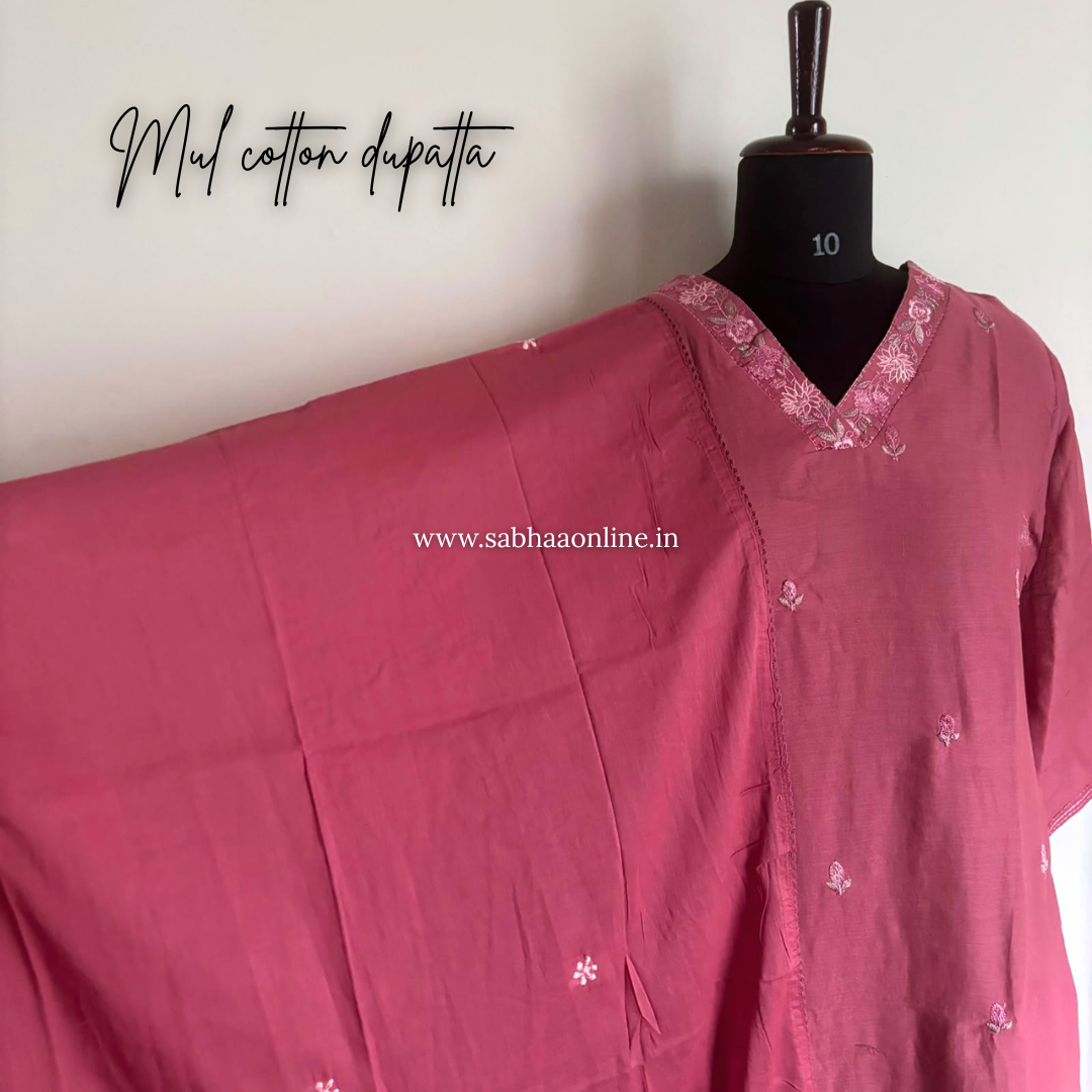Shahida - Onion Pink Mul Cotton kurti 3pc set with lining - LN 62