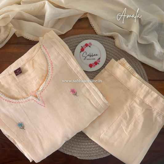 Amala - Cream floral Mul Cotton kurti 3pc set with lining - LN 62