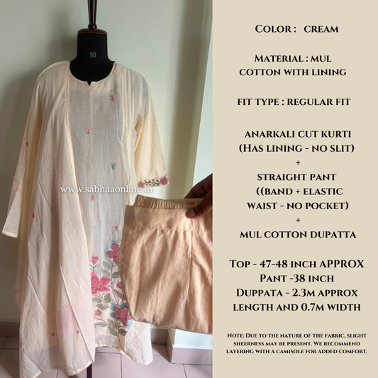 Amala - Cream floral Mul Cotton kurti 3pc set with lining - LN 62