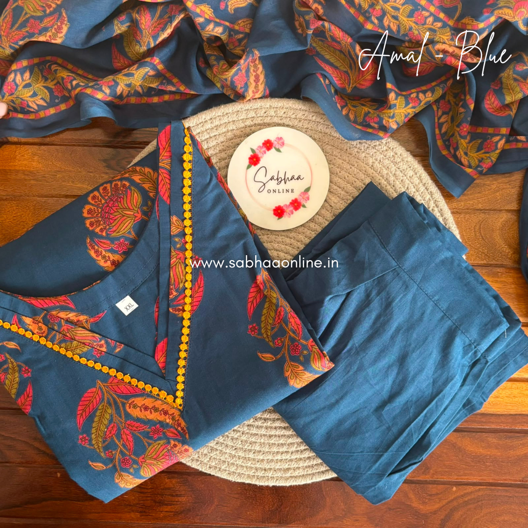 Amal - Navy Blue Cotton kurti 3pc set with lining - LN 66