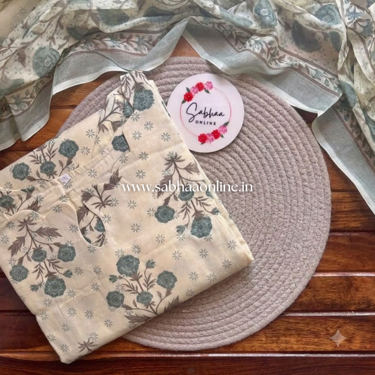 Ragavi - Cream and Sage green Cotton kurti with lining and dupatta - No pant included