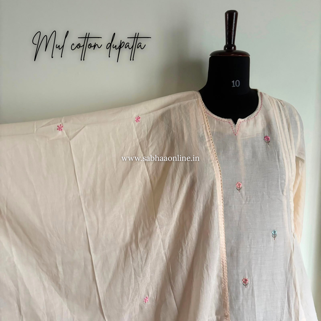 Amala - Cream floral Mul Cotton kurti 3pc set with lining - LN 62