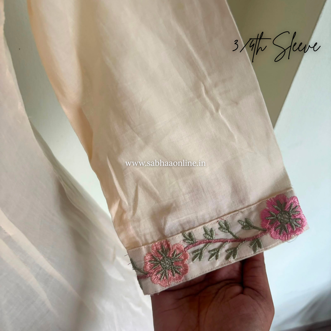 Amala - Cream floral Mul Cotton kurti 3pc set with lining - LN 62