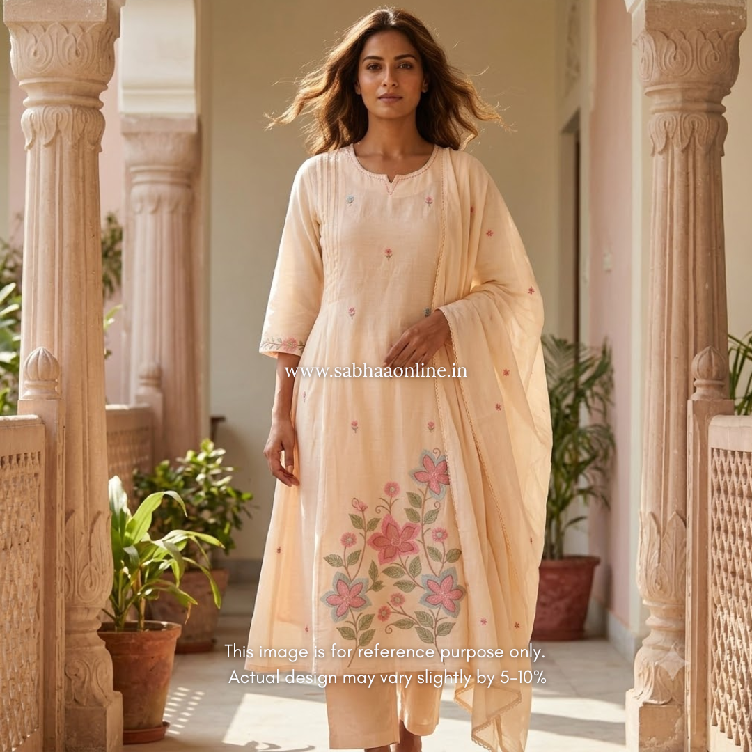 Amala - Cream floral Mul Cotton kurti 3pc set with lining - LN 62