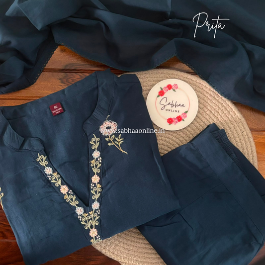 Prita - Prussian Blue Mul Cotton kurti 3pc set with lining - LN 62